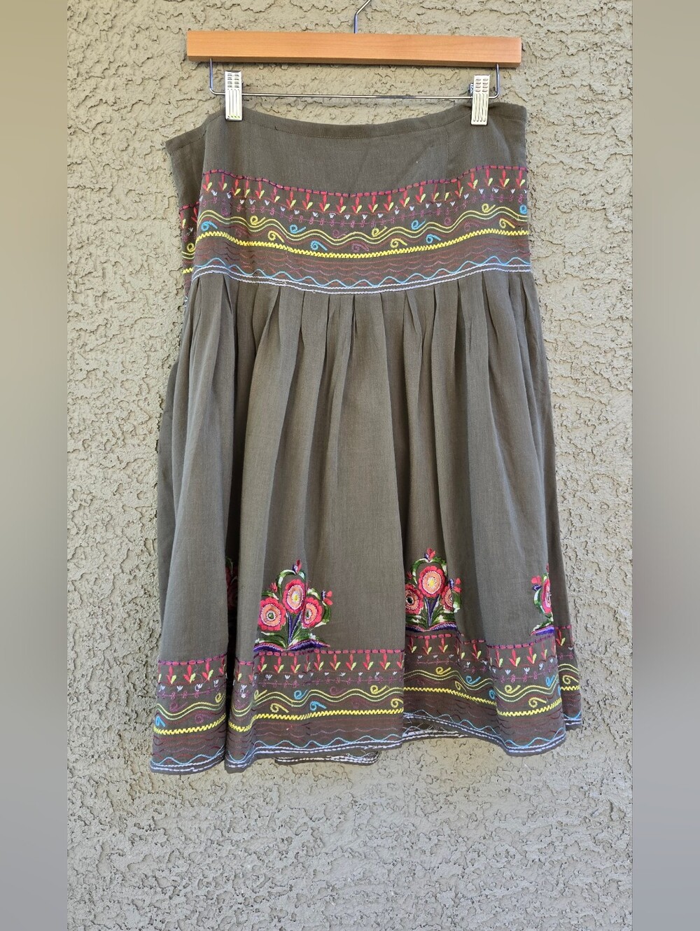 Femme Embroidered Olive Cotton Midi Skirt - Boho Floral Detail